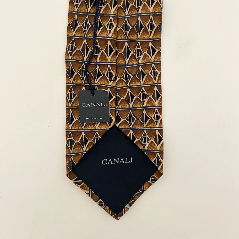 Canali Italian Silk Men's Neck Tie Brown Black Ivory Geometric Diamond Print - Picture 4 of 5